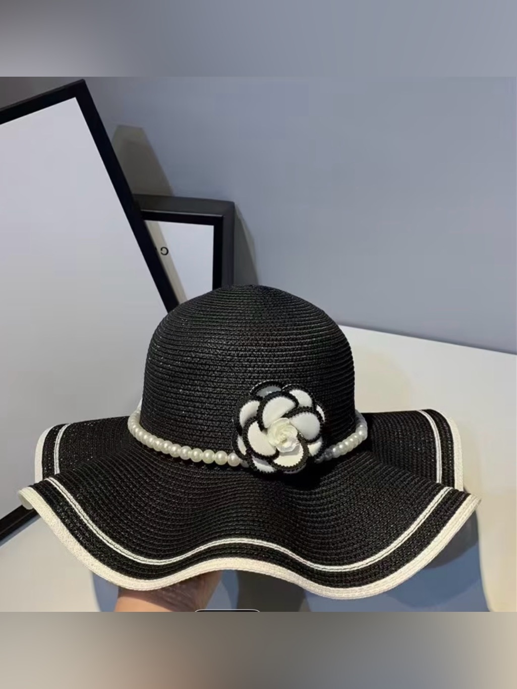 Elegant Black Wide-Brim Pearl Trim Sun Hat With Floral Accent